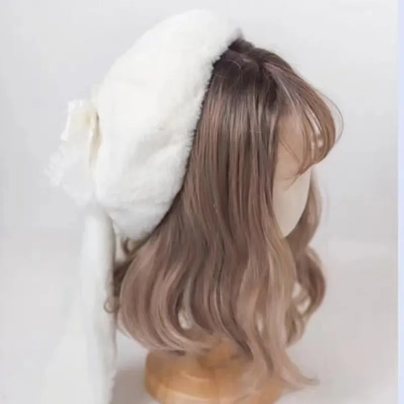 Korean Version of Autumn and Winter White Lolita Beret Original Plush Warm Rabbit Ear Bow Dome Sweet Painter Hat for Women's 2