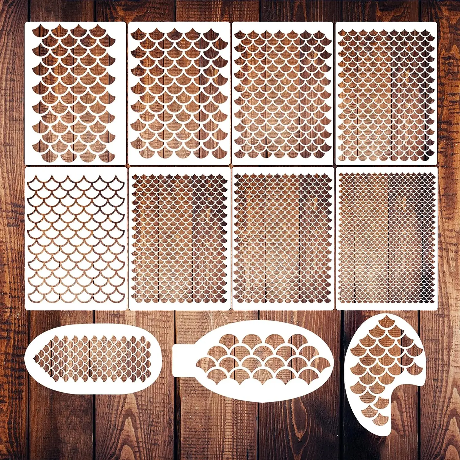 Image of 11-teilige Meerjungfrau-Make-up-Meerjungfrau-Skala-Vorlage, Speichen-Vorlage, großer Kunststoff-Drache, wiederverwendbare Fischschuppen-Tierdruck-Vorlagen-Set, weibliche menschliche Körperkunst,