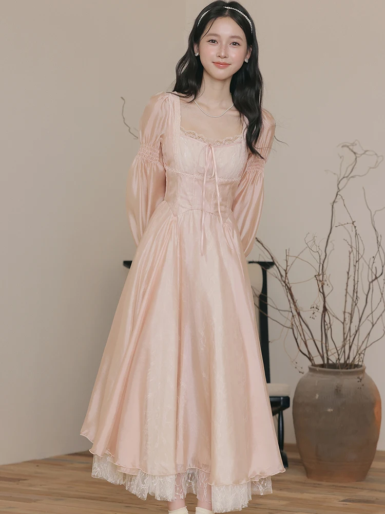 Outono inverno rosa malha chique renda gola quadrada maxi vestido feminino elegante casual casa vestido 2025 moda coreana bodycon vestidos