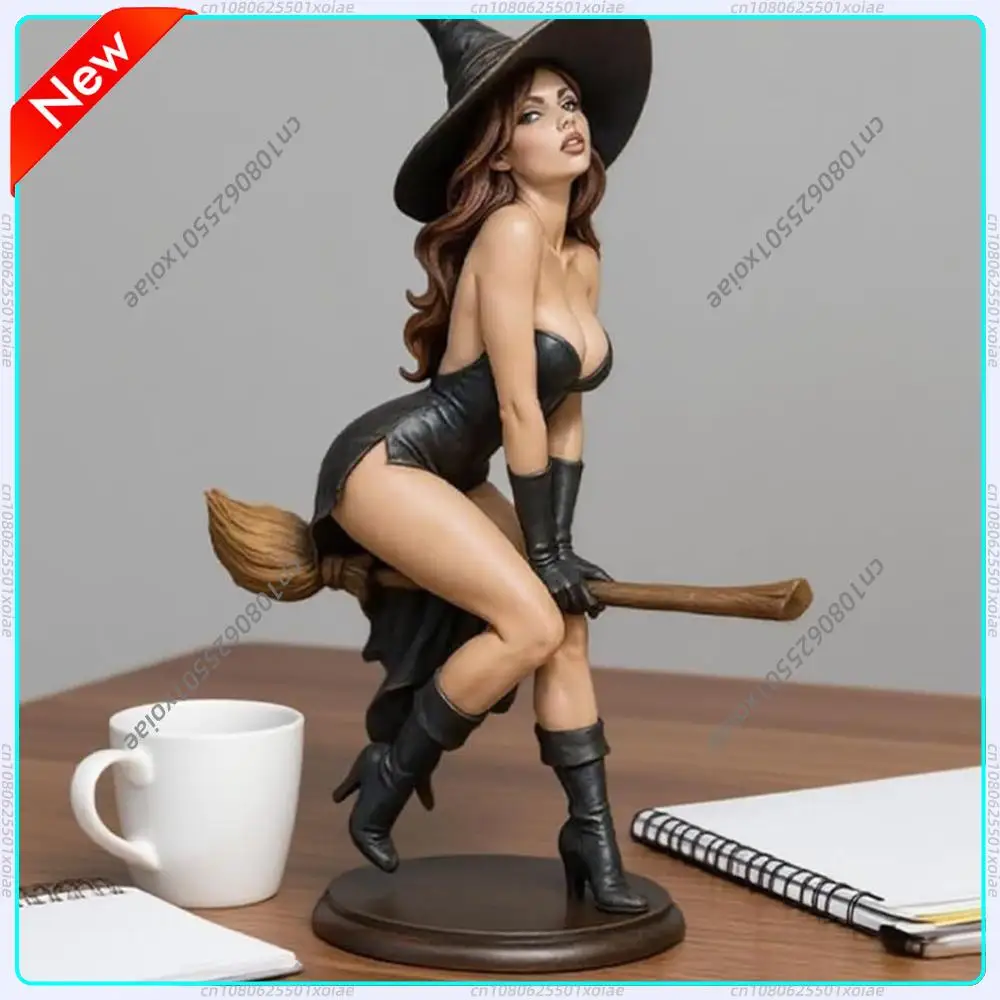 Halloween Witch Statue 6 Inch Hand-Painted Resin Seductive Sorcery Statue Gothic Witch on Flying Broom for Home Decor