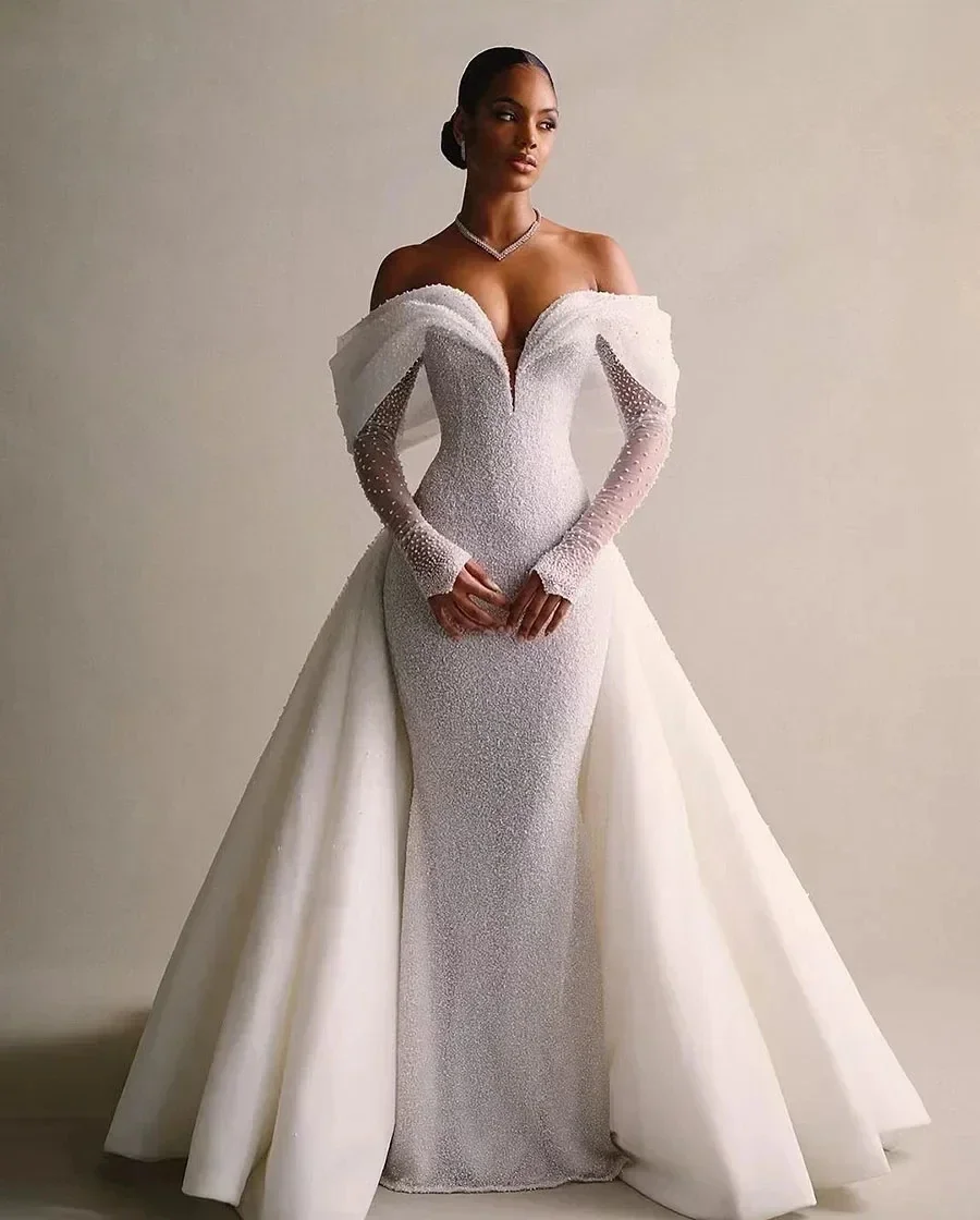 Detachable African Wedding Dresses Black Girls Mermaid Long Sleeves Pearls Aso Ebi Women Bridal Gown Vestido De Novia Customized