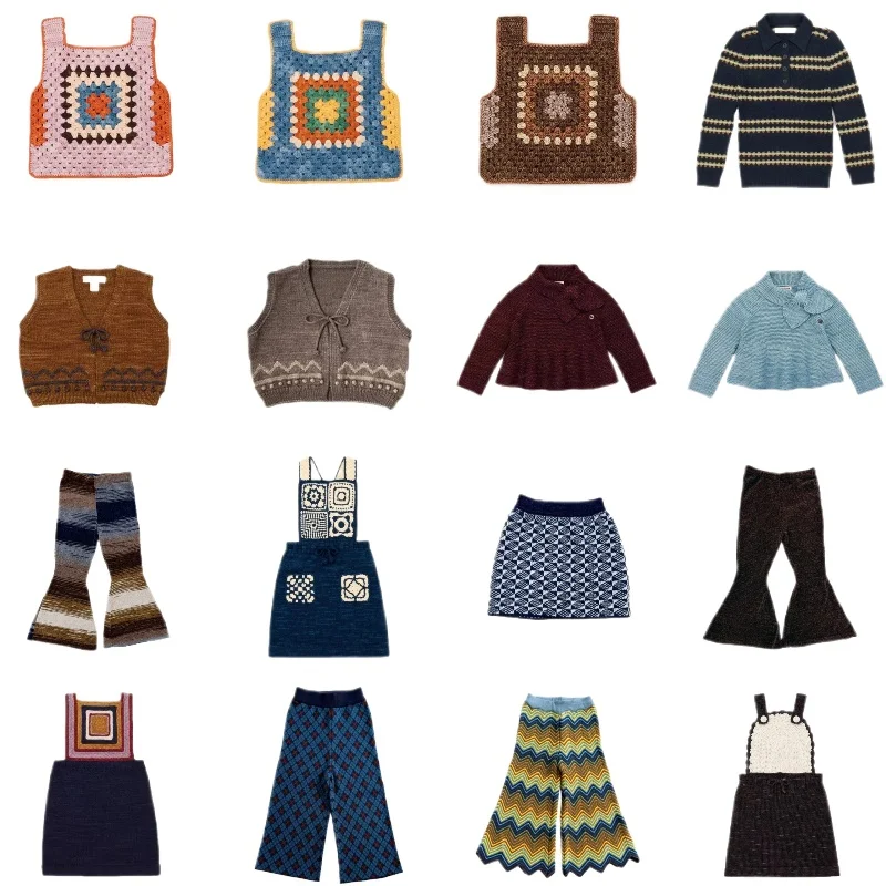 

Детские трикотажные комплекты, 25 МП, двухсторонний квадратный жилет ручной работы для девочек, юбка и брюки, комплекты детского платья-свитера