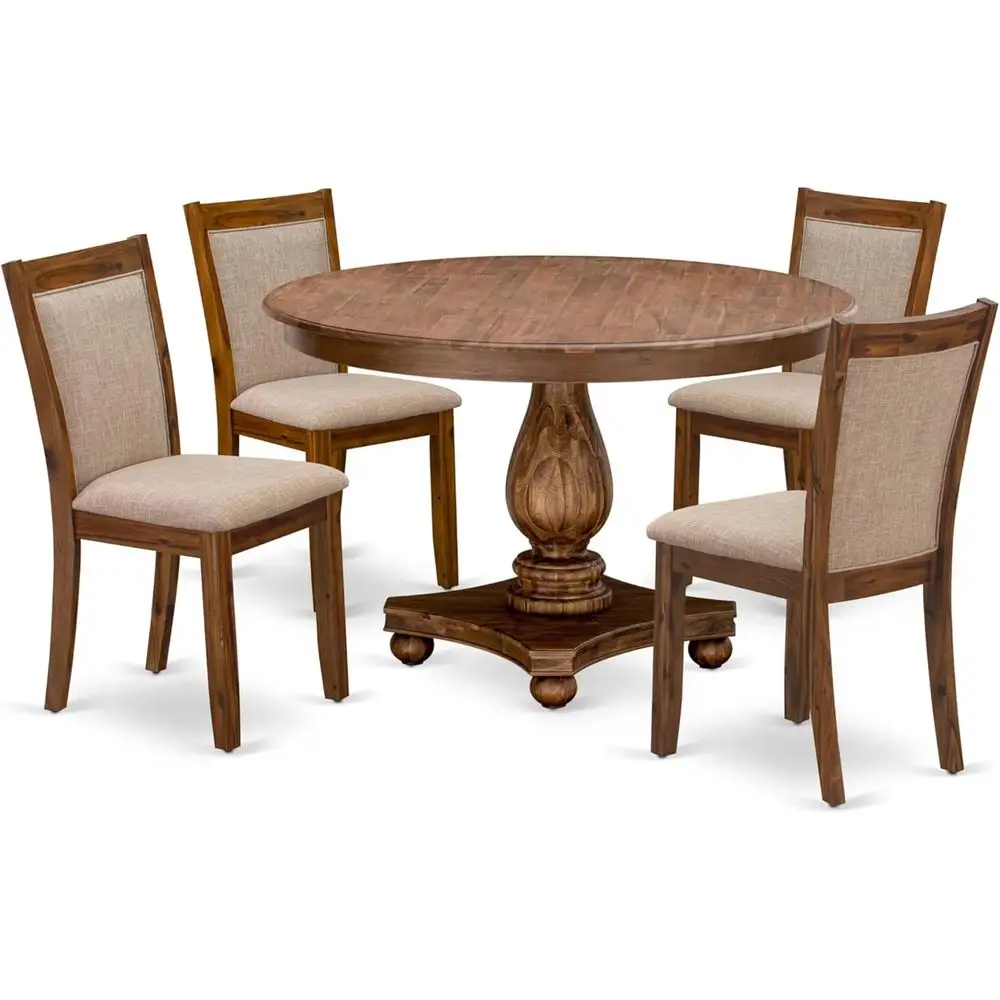 

5-Piece Dining Set: Round Pedestal Table & 4 Light Tan Linen Chairs, 48x48 Inch, Antique Walnut