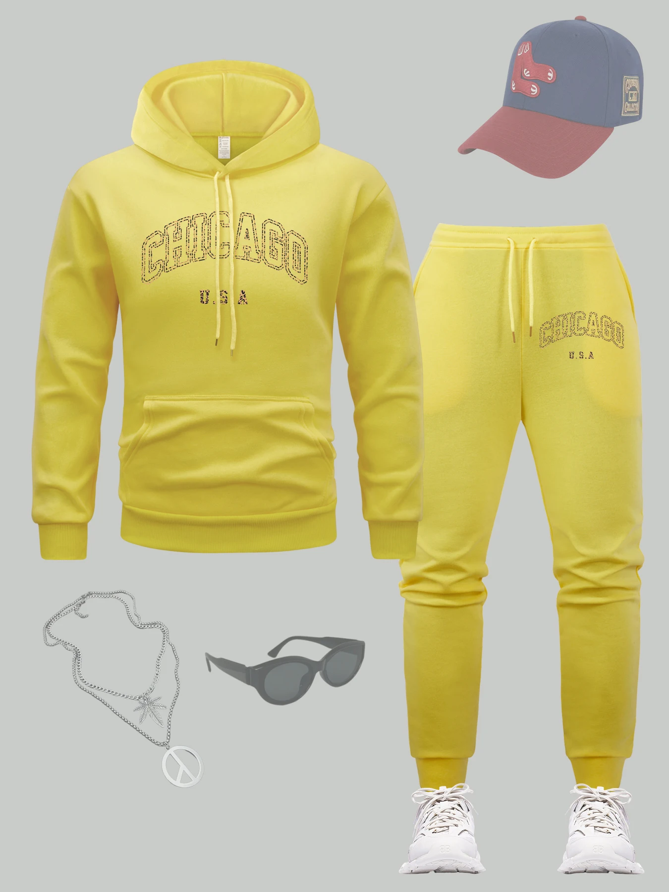 

Chicago Art City Usa Print Men Hoodie Set Hip Hop Multicolor Sportswear Sets Fleece All-Match Hoodies Street Pocket Sweatpants