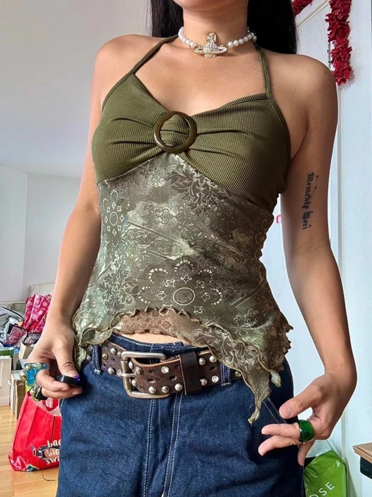 Mesh Halter Top Printing Crop Top Women Edgy Clothes Y2k Accessories Neck-mounted Camison Verano Asymmetrical Ropa De Mujer