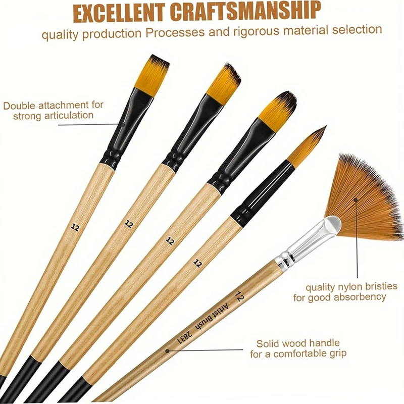 

Кисти для рисования, 64 шт./компл., 7 стилей, нейлоновая кисть с деревянной ручкой, толстый набор кистей для рисования, не выпадающий для детей-BEAU