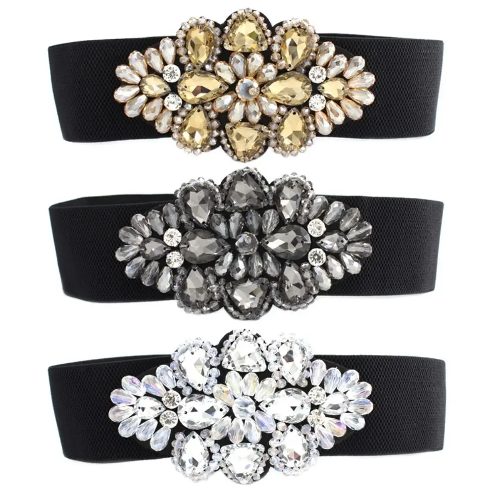 

Personality Flower Elastic Cummerbunds Korean Style Wide Women Waistband Strap Belt Black Rhinestone Waist Belt Dress