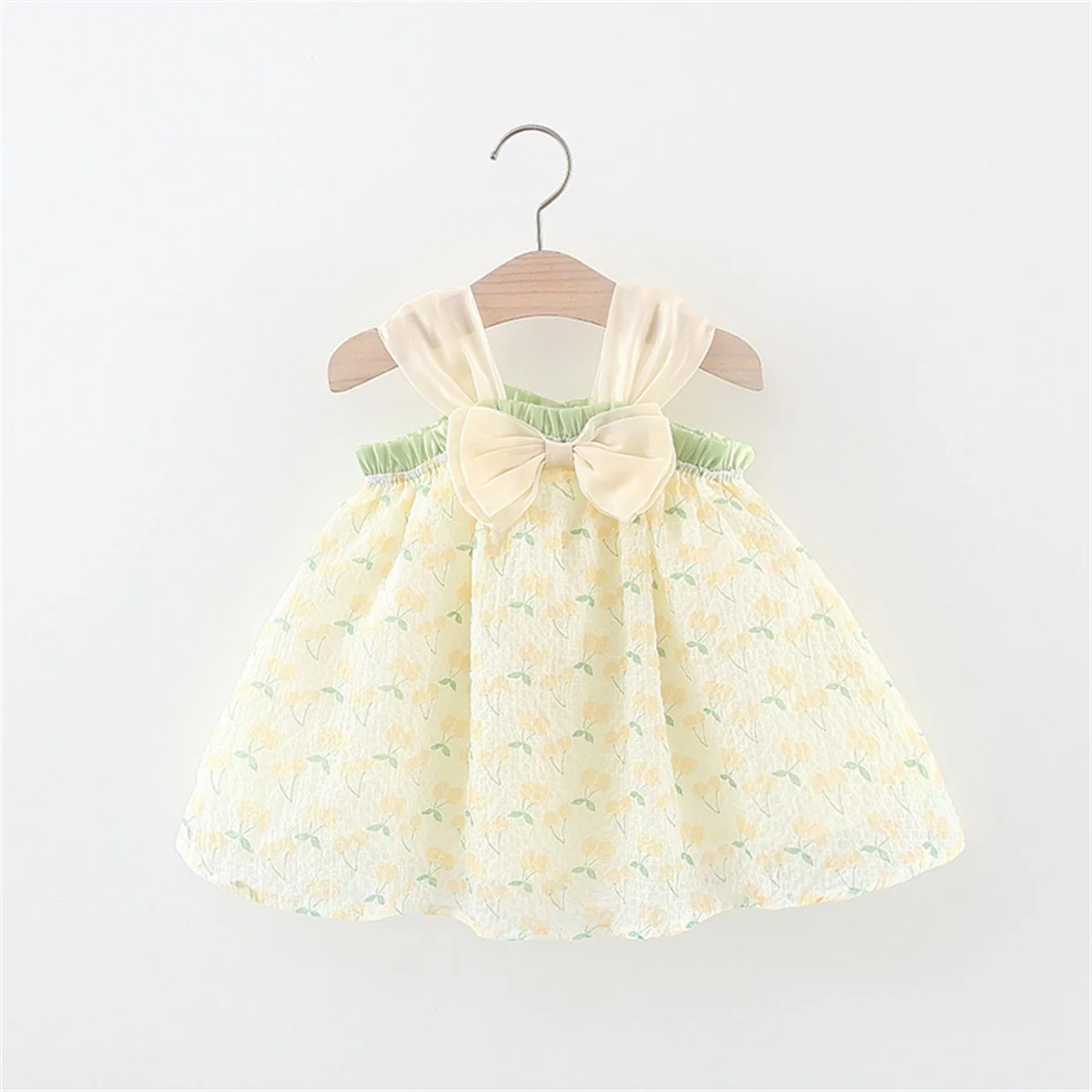 Girl's Dress Summer Baby Girl Colored Lace Bowtie Full of Little Cherry Print Hanging Strap Mesh Dress