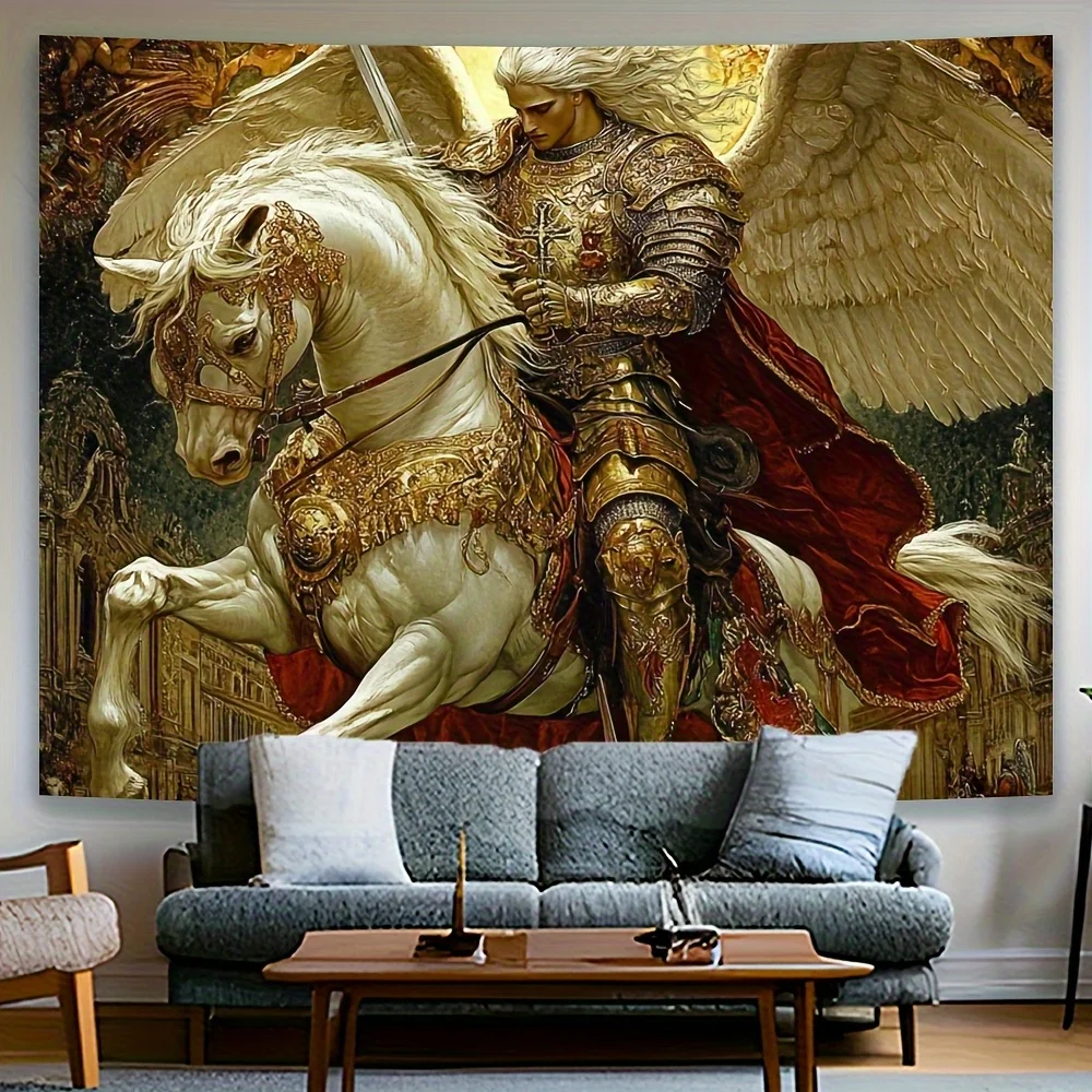 Saint Michael Archangel Tapestry,Medieval Gothic Battle Scene with Gold Armor,Religious Wall Art  Home Office and Sacred Space