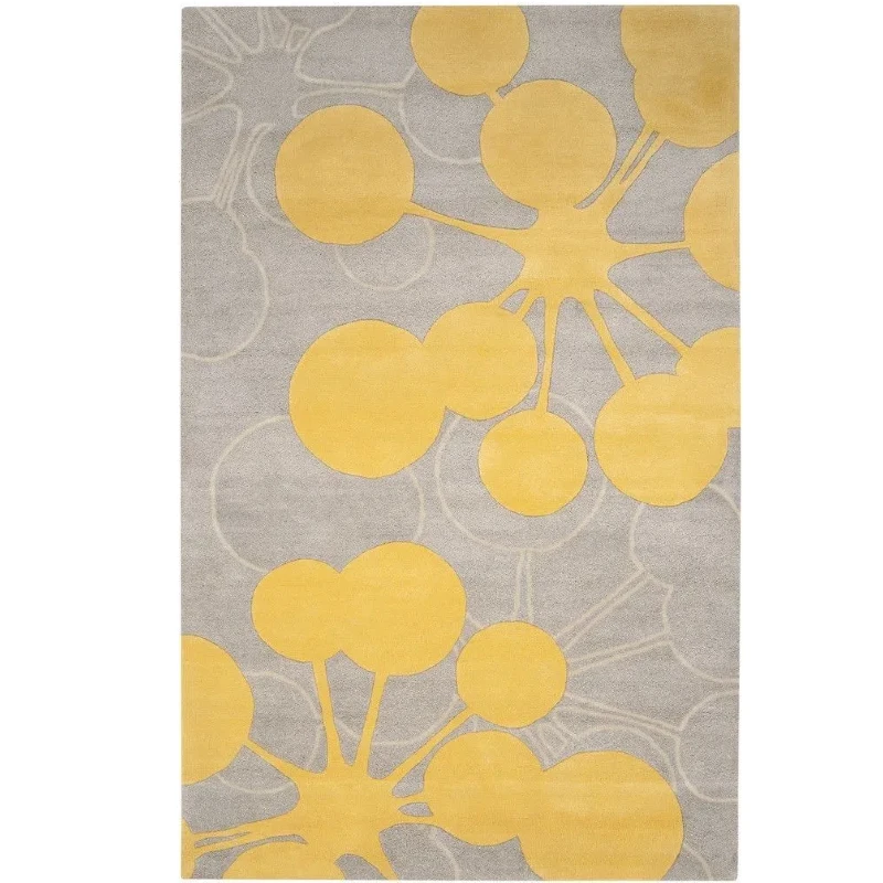 Alfombra de estilo moderno de mediados de siglo con siluetas botánicas en color mostaza brillante sobre fondo gris para decoración de habitaciones divertidas