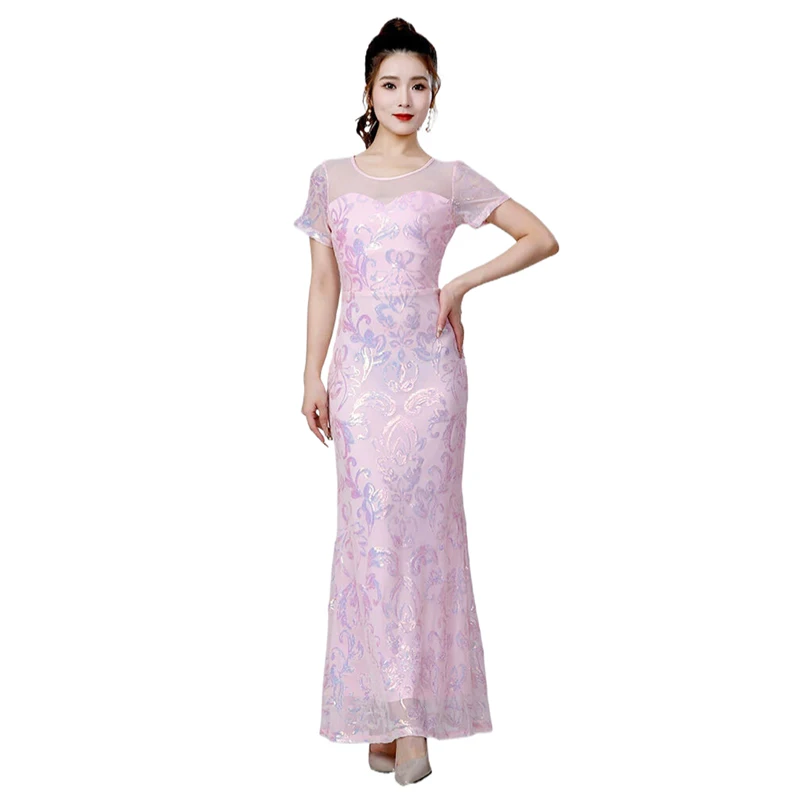 Damen Pailletten-Meerjungfrauenkleid, langes Abendkleid, kurze Ärmel, formelles Kleid für Party, Bankett, Bühnenauftritt, Hochzeitsgast, Maxikleid – Detail 5