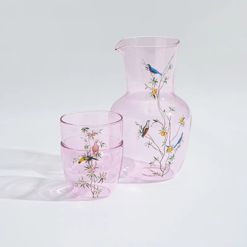 Medieval Glass/Kingfisher Series Pink Cooling Kettle Juice Pot Decanter Set Cup 1 Pot Two Cups Tea Set