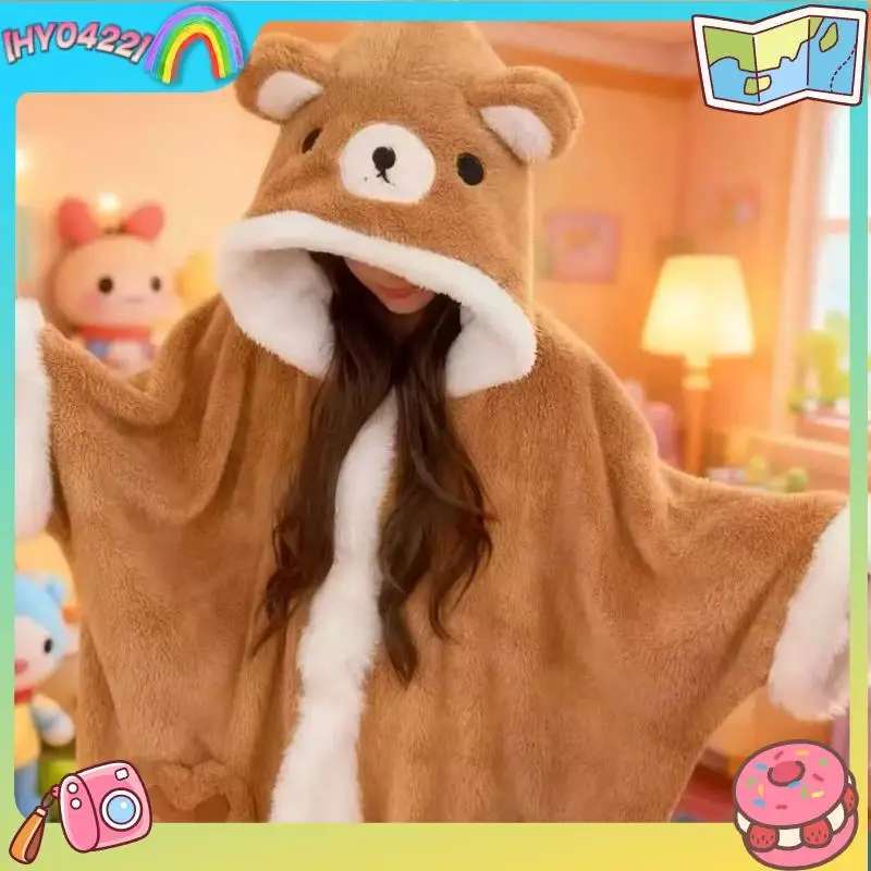 

Autumn And Winter Rilakkuma Cape Nightgown Coral Flannel Thickened Plus Velvet New Cartoon Pajamas Set Hooded Gifts