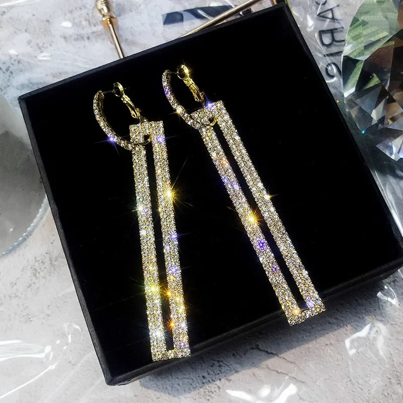 Fashion Long Geometric Drop Earrings Luxury Gold Silver Color Rectangle Rhinestone Earring for Women Party Jewelry Accessories