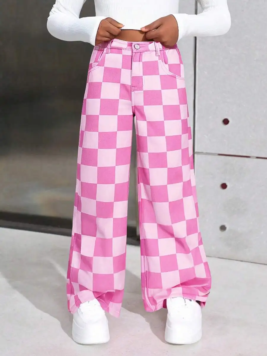 

Розово-белые джинсовые брюки в клетку с широкими штанинами для девочек