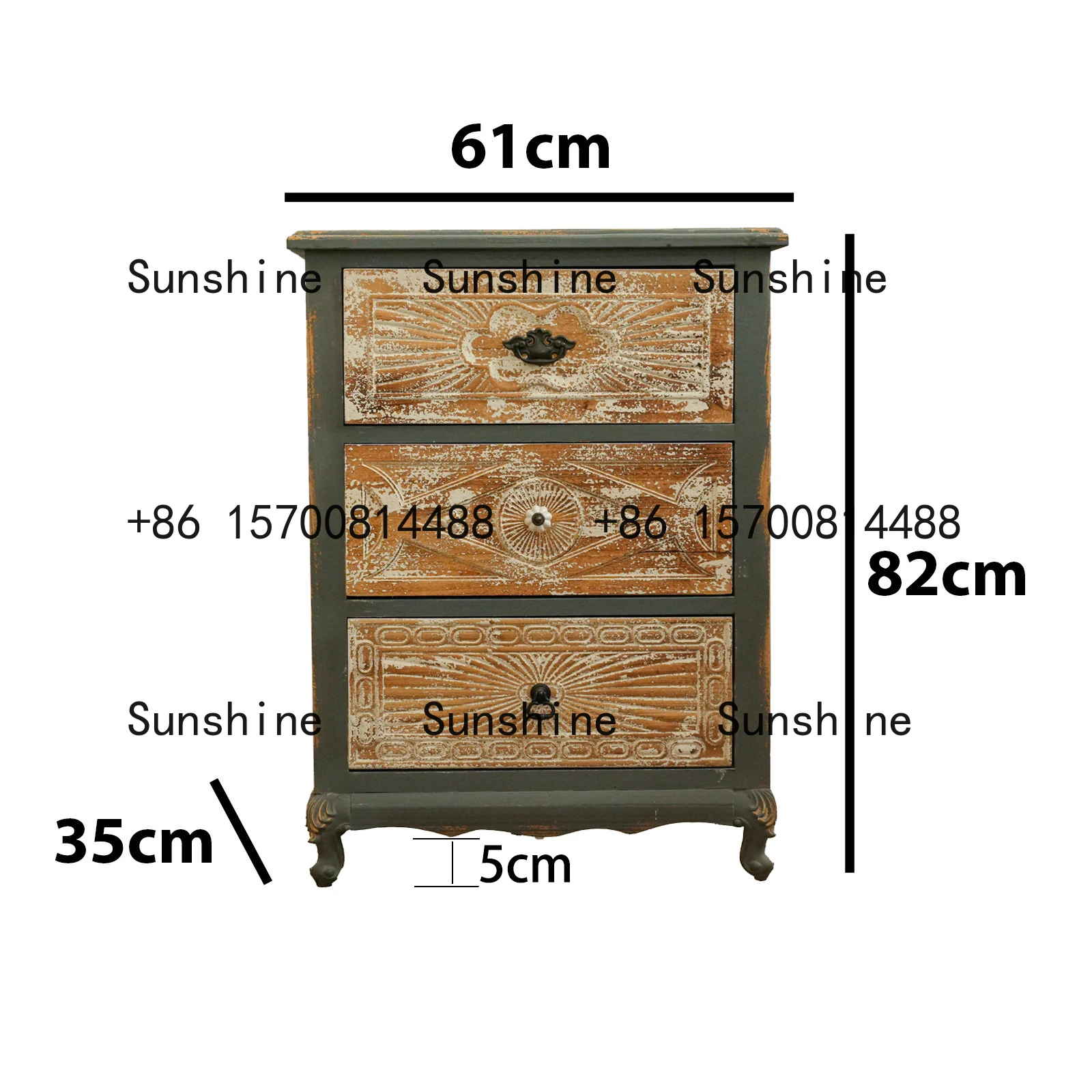 Mobile francese a tre cassetti grigio retrò inciso 61 * 35 * 82 cm