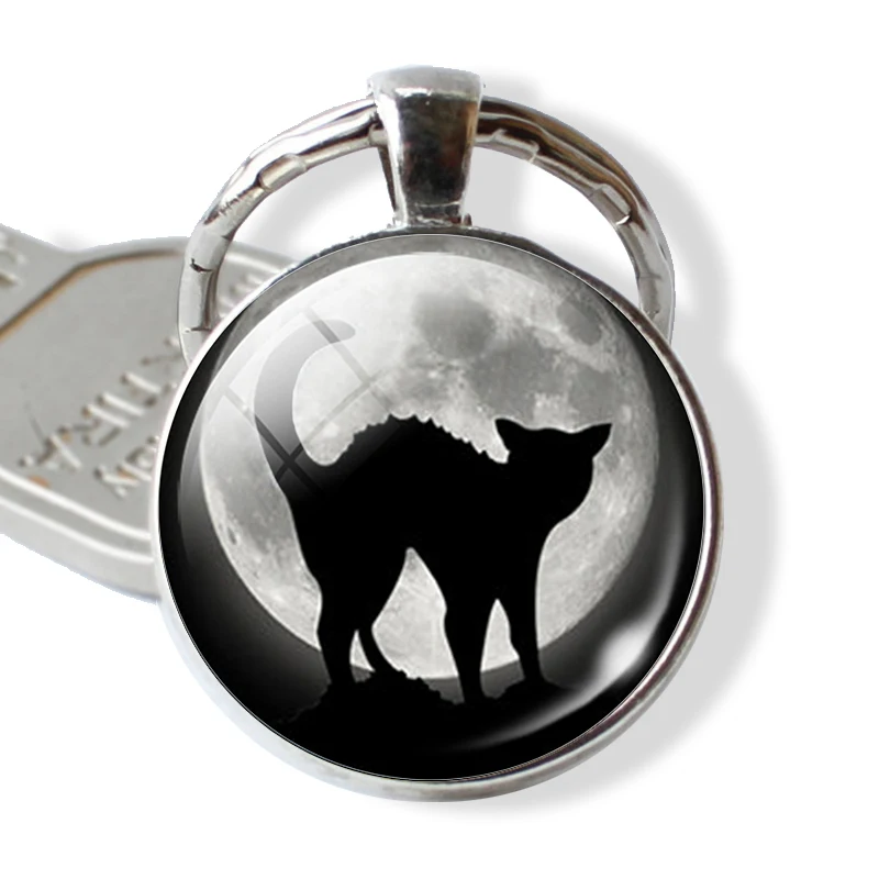 BLACK CAT Quote Keychain Lovers Keyring Cat with Broom Witch Glass Vintage Kitten Jewerly Black Cat Cabochon Key Chain Ring