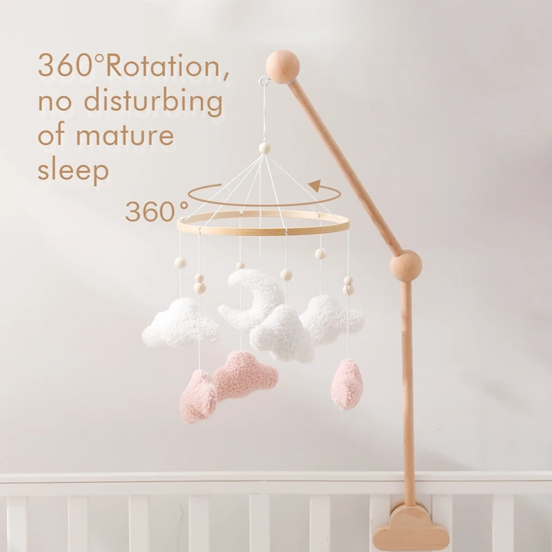 Mobile de dessin animé rose nuageux pour bébé, décor CPull, berceau, hochet en bois, cloche de lit, bras mobile CPull, jouets pour bébé de 0 à 12 mois