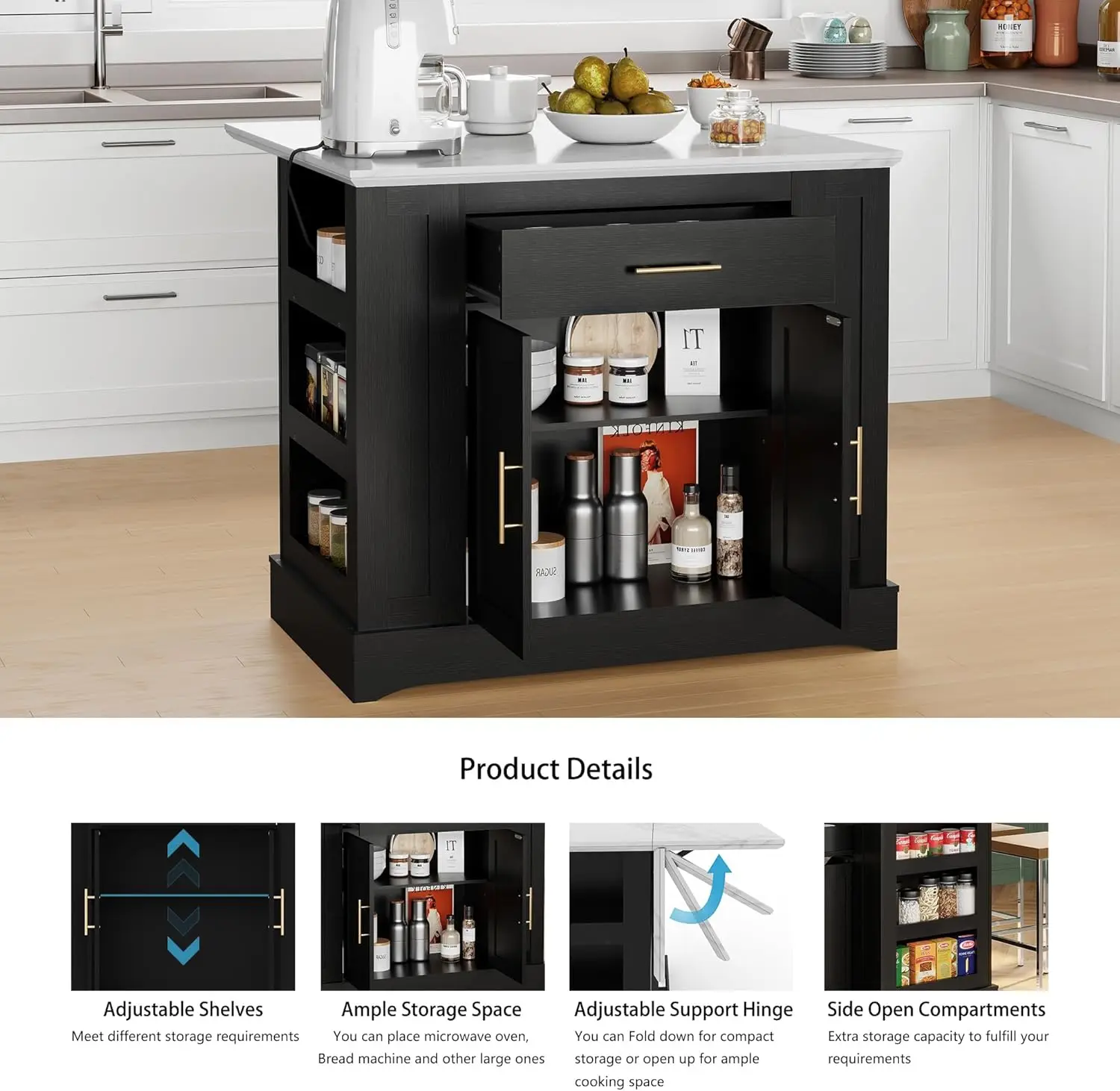 Large Kitchen Island with Storage & Power Outlet, Drawer, Adjustable Shelves, Side Open Compartments, and Drop Leaf,Isl
