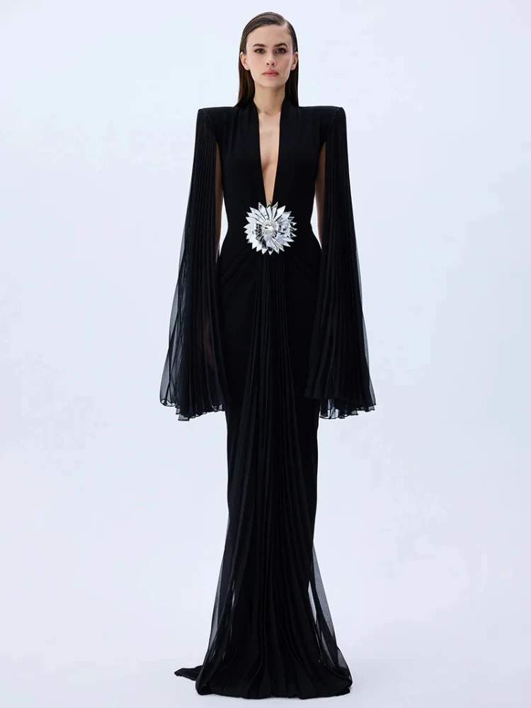 

Сексуальное черное вечернее платье макси с глубоким V-образным вырезом, длинными рукавами-накидками и цветочным узором, облегающее, для вечеринок