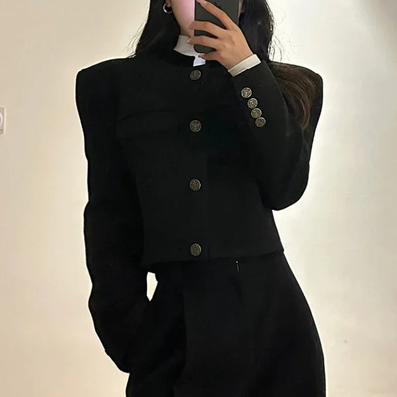 Blazers recortados negros Vintage para mujer, chaquetas cortas de manga larga, abrigos ajustados sólidos para mujer, ropa de exterior coreana