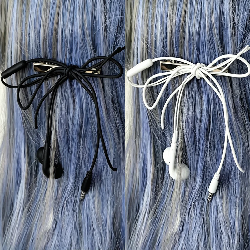 Imitation Earphone Wire Bow Hair Clip Korean Y2K Harajuku Cute Aesthetic Hairpin Trendy Hair Accessories for Girl Daily Headwear