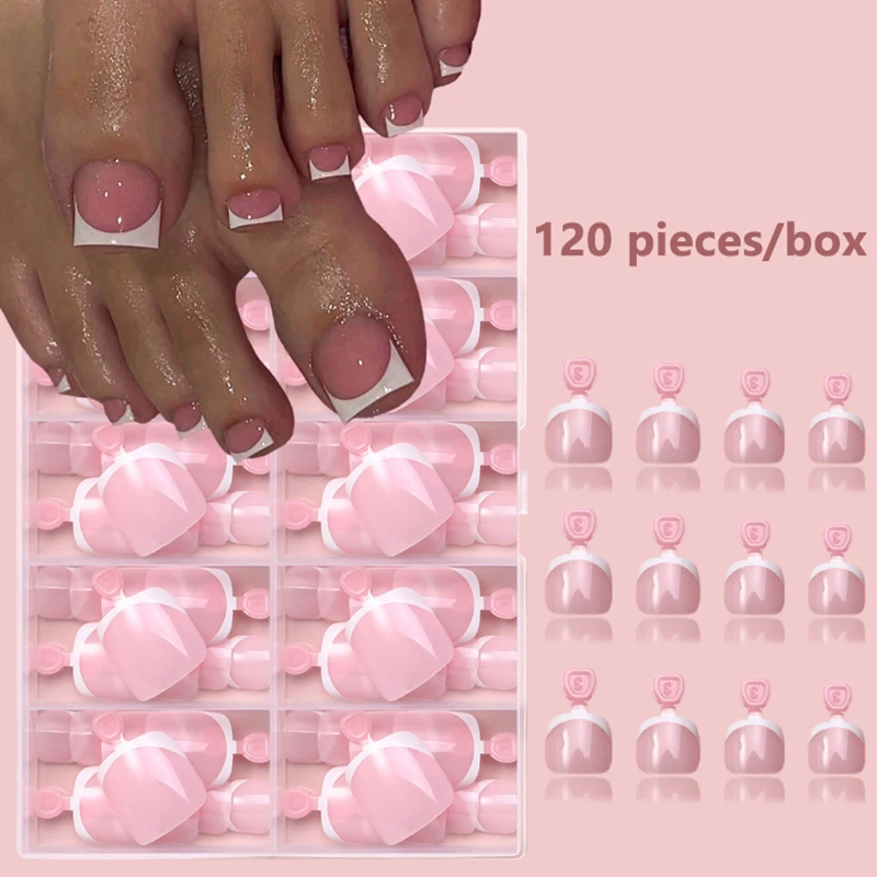 120pcs French Style Fake Toenail Press On Toe Foot Full Cover Square Nails Art Tips Fast Wearable Nail Manicure Tool