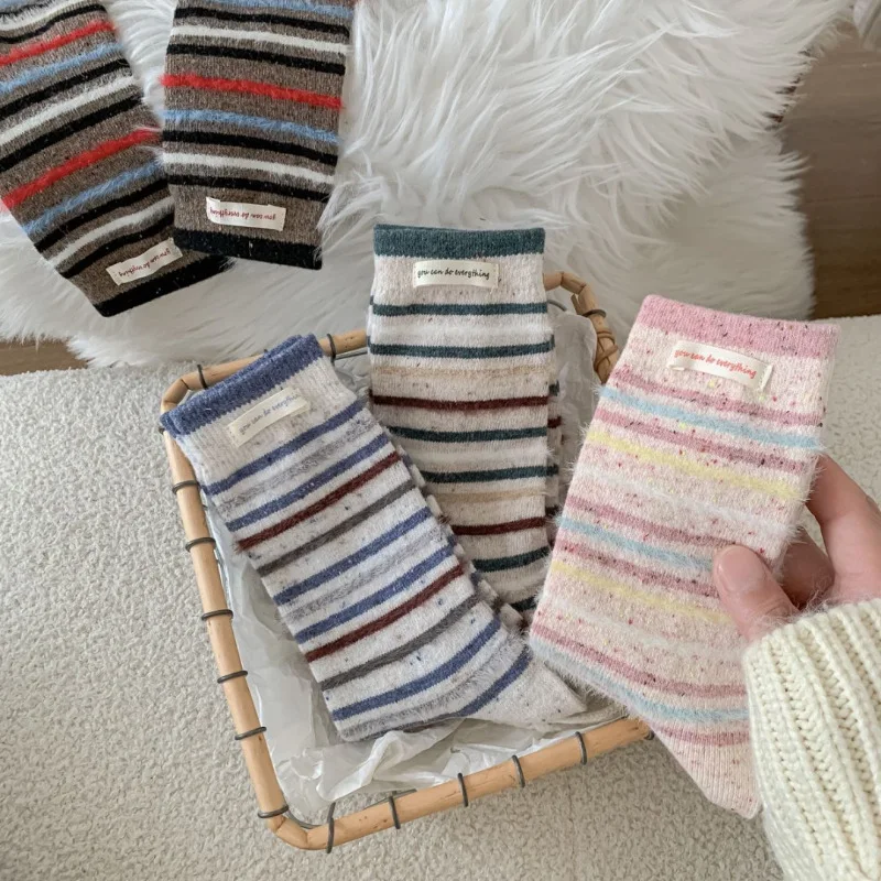 5 Pairs Women's Socks Set Soft Color Blocked Striped Wool Socks Autumn And Winter Plush Thick Warm Dot Yarn Versatile Pile Socks