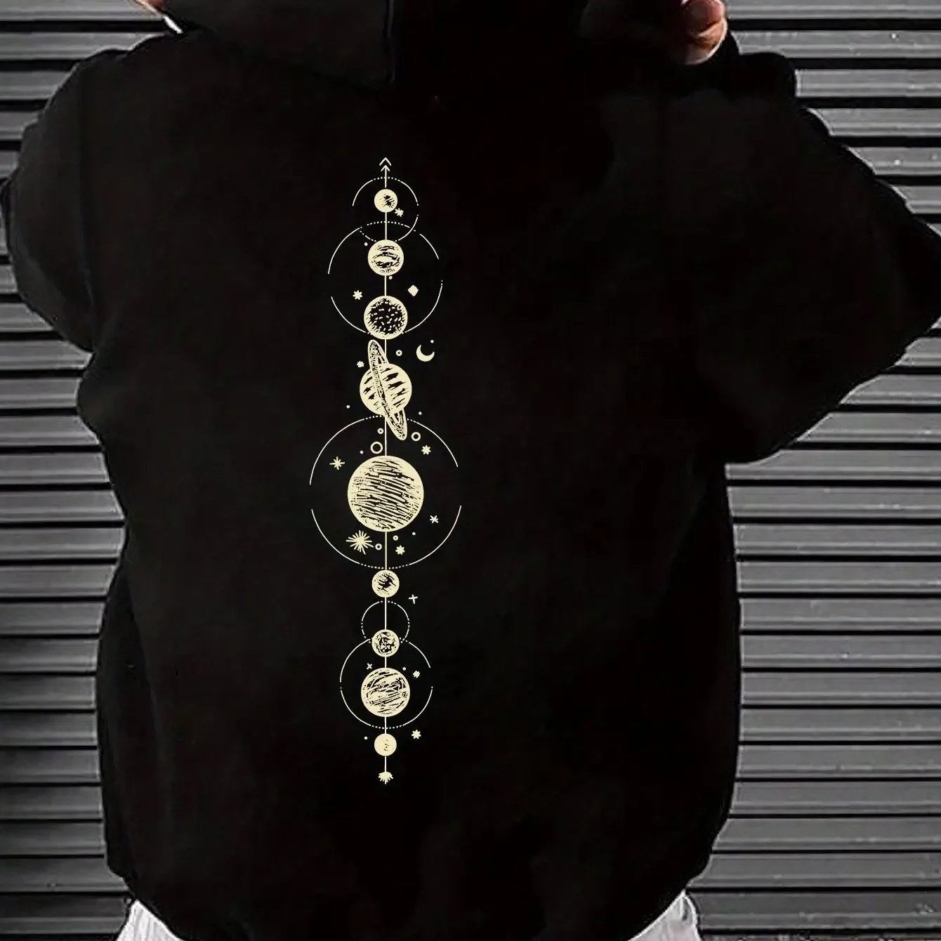 Space Galaxy Vertical Planet Graphic Men Hoodie Black Cosmic Solar System Print Loose Street Fashion Long Sleeve Sweatshirt