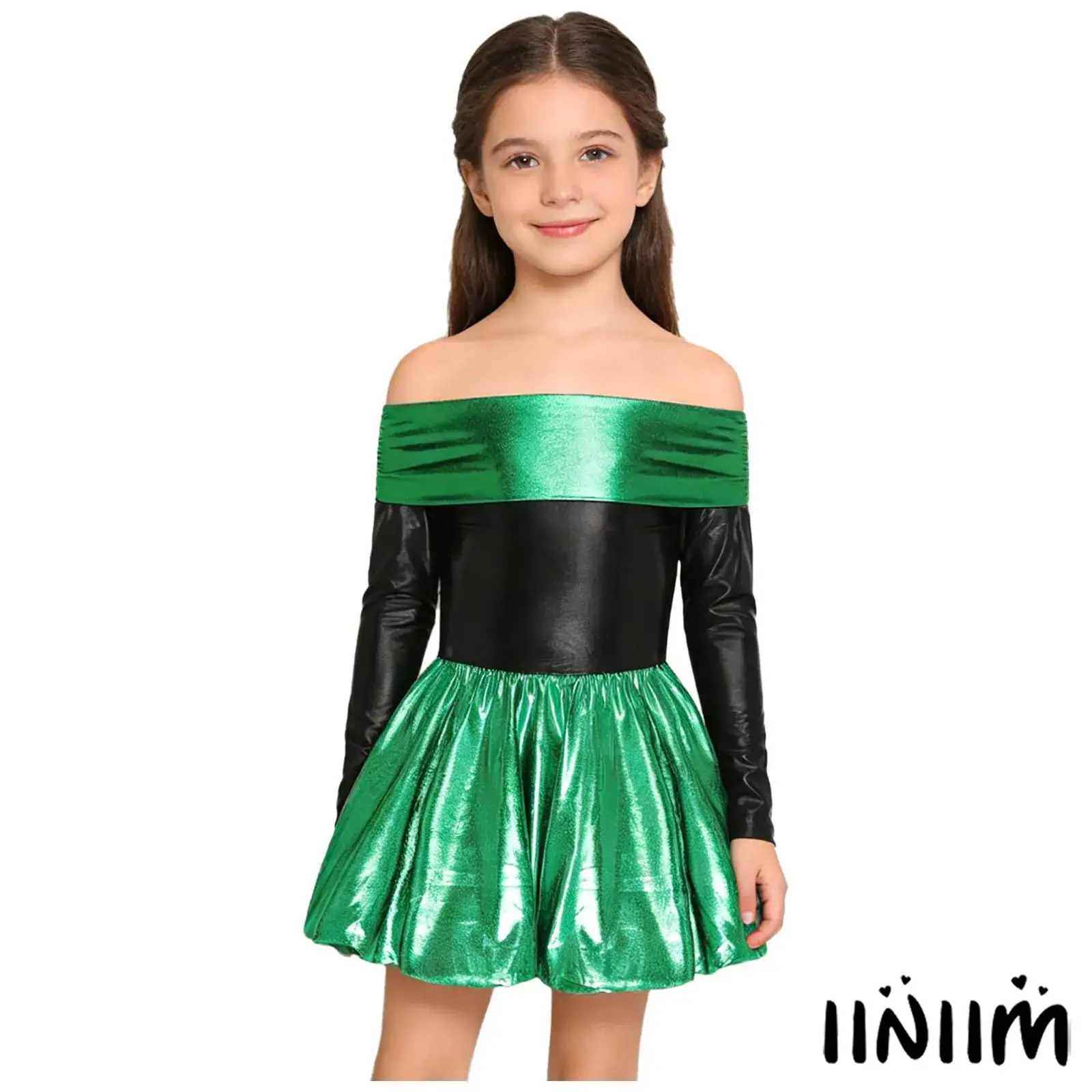 

Kids Girls Beauty Pageant Dress Color Blocking Metallic Shiny Dress Off The Shoulder Long Sleeve A-line Dress for Party Banquet