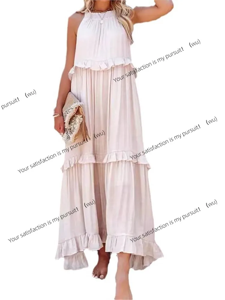 

ZOCI-Summer Vacation Style Strapless Long Dress Women's Fashion Open-Back Tie Loose Ruffled Beach Dress