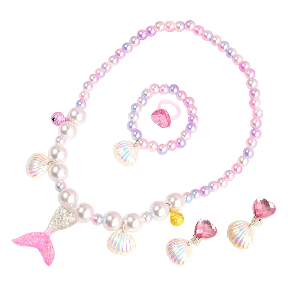 

Children Mermaid Jewelry Set Simulation Pearl Necklace Bracelet Ring Earring Birthday Party Favor for Girls