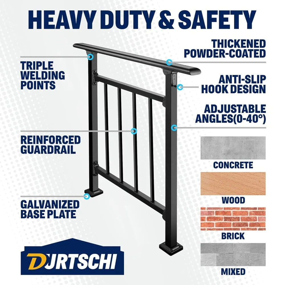 Updated Handrails for Outdoor Steps,2-3 Steps Wrought Iron Stair Railing with Fence, Flexible Exterior Hand Railing for Concrete