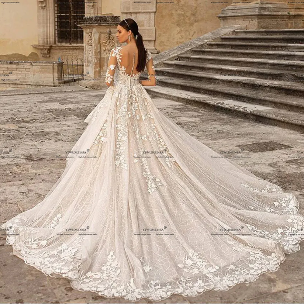 Romantic A Line Wedding Dresses Customized Sparkly Sequins Illusion Tulle Bridal Gowns 1/2 Sleeves Bride Formal Party Clothing