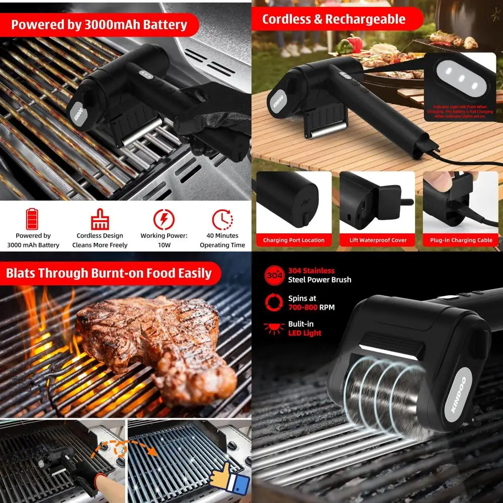 

Powerful 800 RPM Electric Grill Brush with LED Light - Heavy-Duty Stainless Steel BBQ Cleaner for Outdoor Grills (Black)