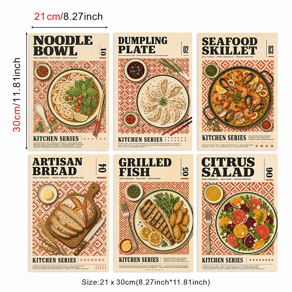 Set of 6 Kitchen Canvas Wall Art Prints Noodle Bowl Dumpling Seafood Bread Fish Citrus Salad Posters Dining Room Decor Gift