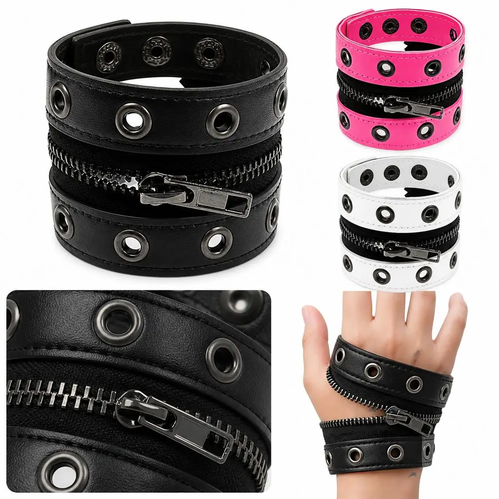 New Leather Leather Wristband Zipper Detail Wide Band Punk Arm Cuff Snap Closure Punk Style Gothic Bracelet