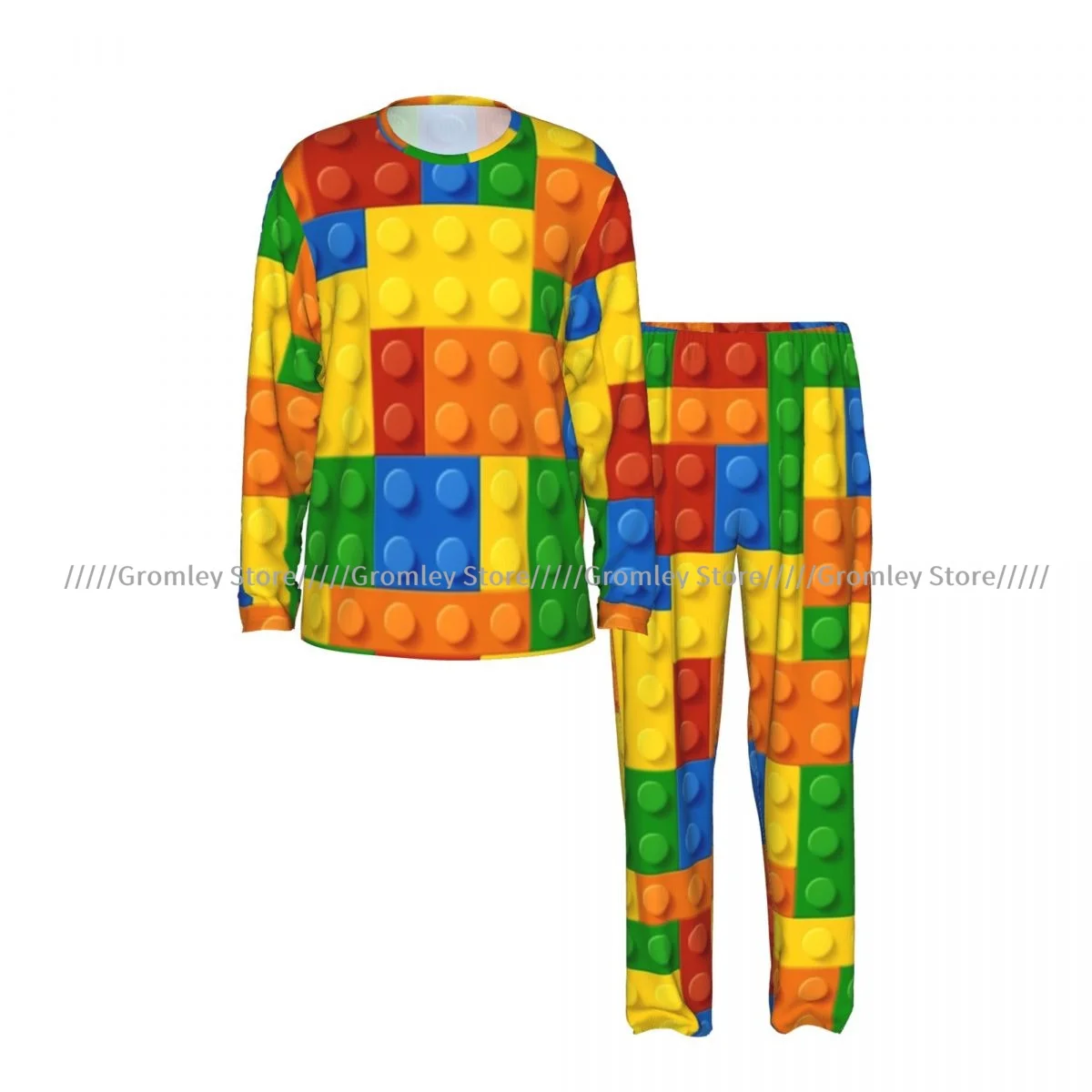 Men's Pajamas Set Plastic Construction Blocks Pattern Long Sleeve Top & Long Pants Sleep Set