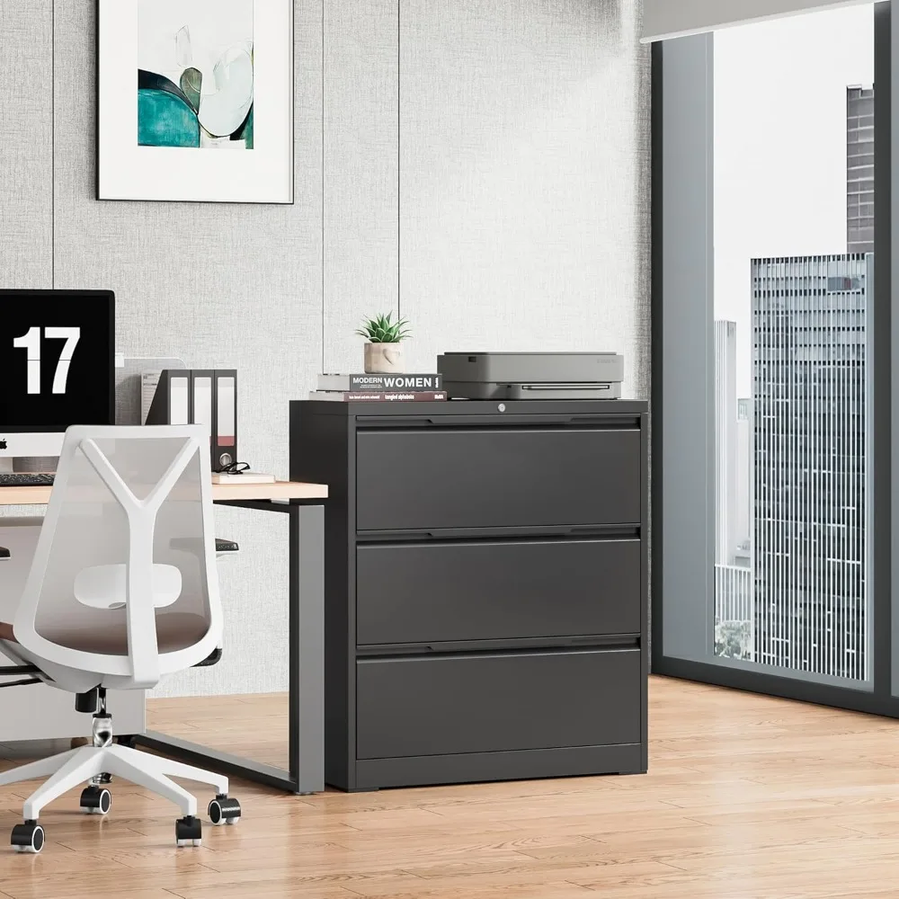 Secure 3-Drawer Metal Lateral File Cabinet for Home and Office, Lockable Steel Storage for Hanging Files, Wide Drawers for Lette