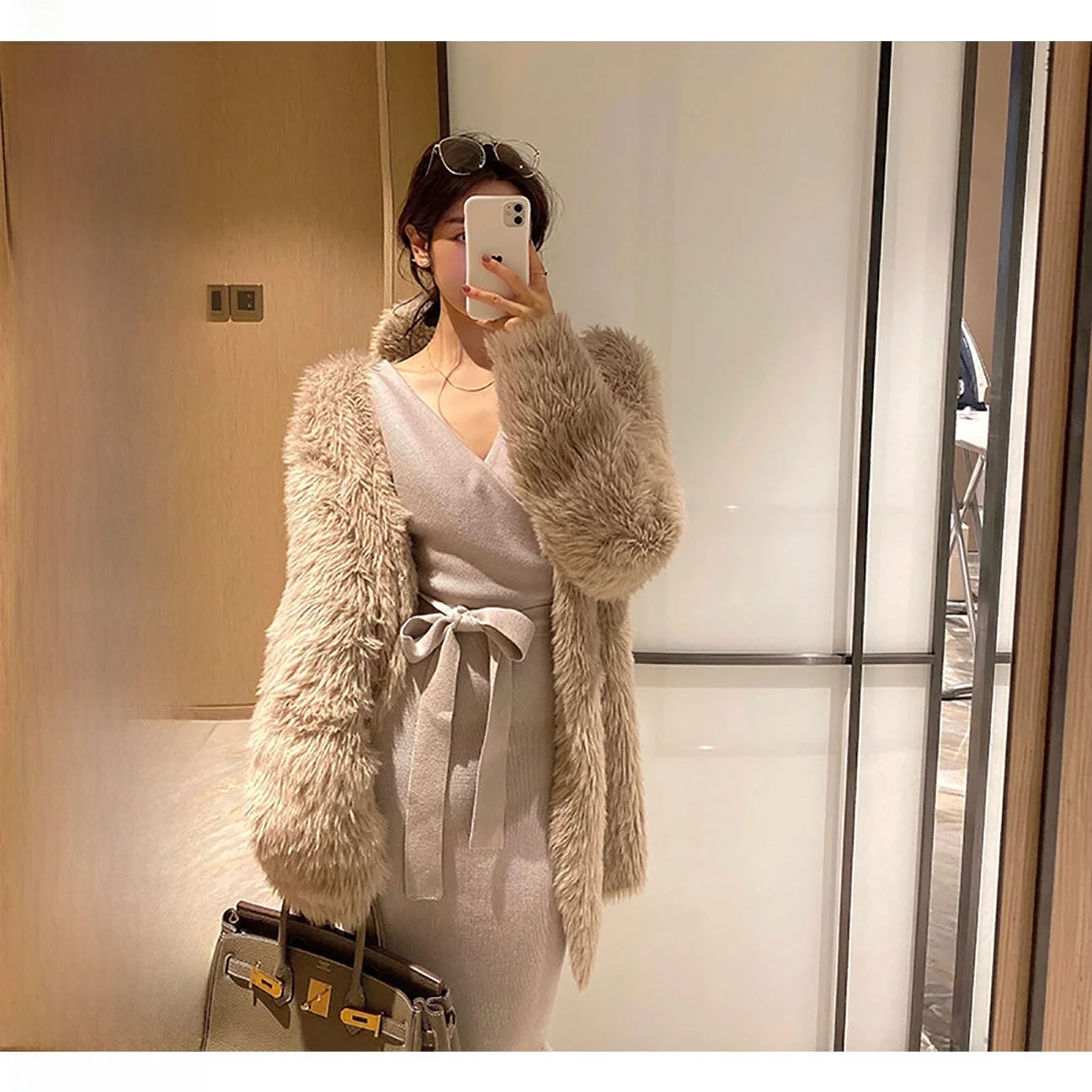 Vêtement d'extérieur en fausse fourrure chaude pour femmes, style décontracté, tube droit, long, uni, cardigan, manteau