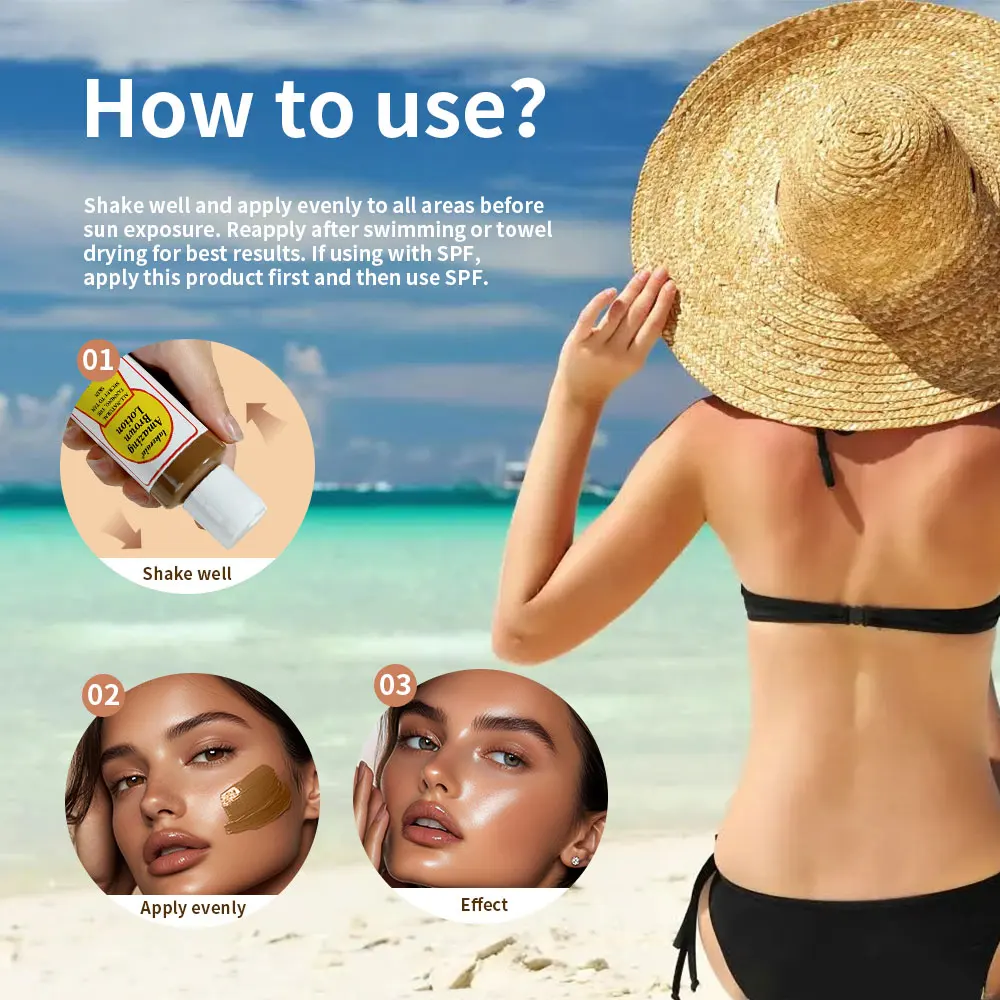 Bräunungsbeschleuniger-Lotion, natürliche organische Inhaltsstoffe, dunkle, künstliche Bräune, langanhaltender Ton, wasserfeste, schweißfeste Bräunungslotion