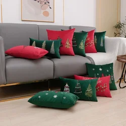 2025 Christmas Embroidered Cushion Cover Red Green Merry Christmas Pillow Case Velvet Home Decor Decorative Cushions for Sofa