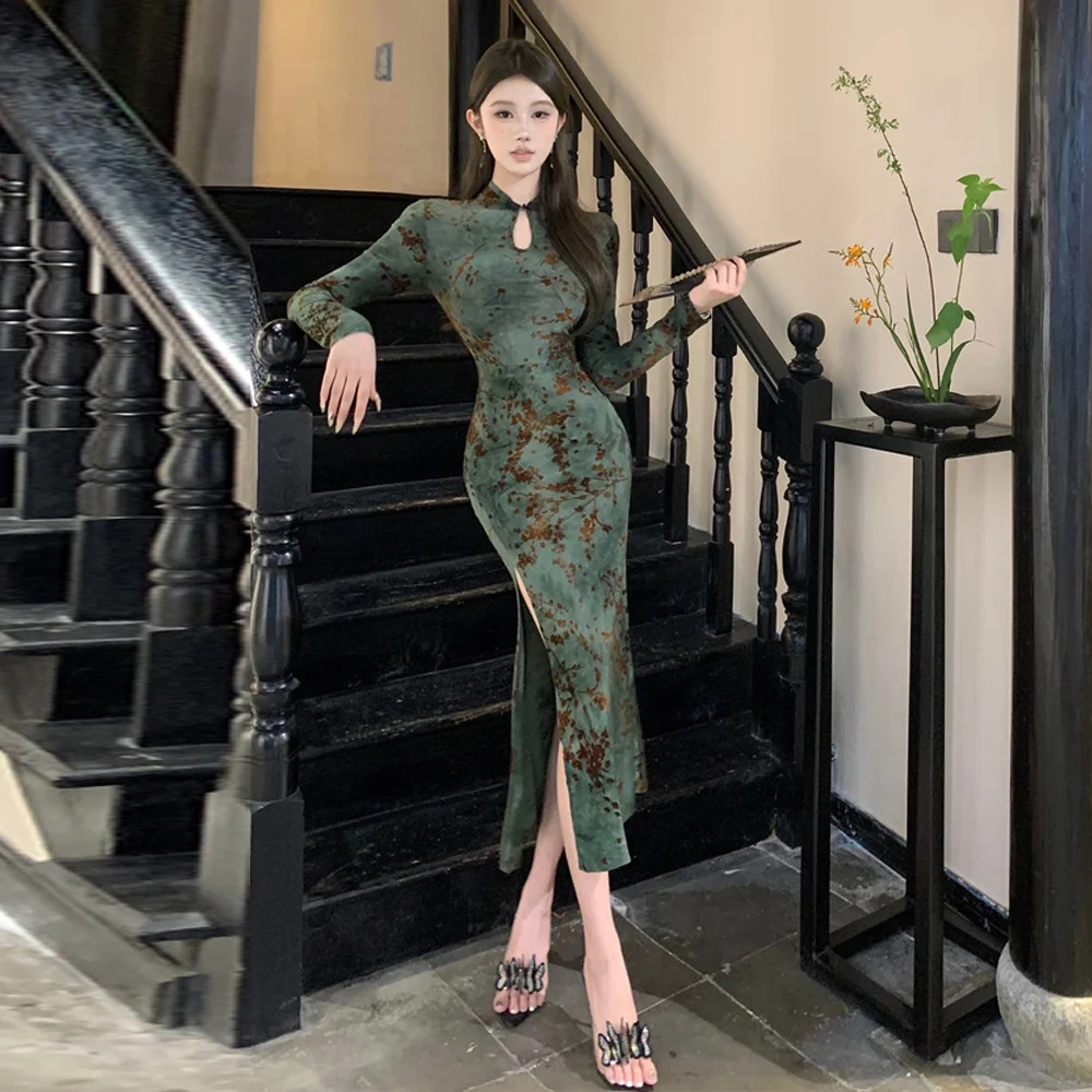 

Ретро-платье из бархата с принтом, модифицированное, сексуальное, облегающее, с разрезом, с длинными рукавами, H-образного силуэта, женское модное платье