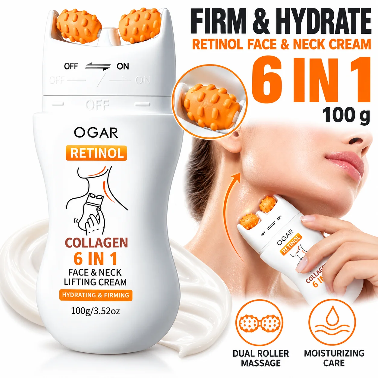 Ogar Retinol 6 in 1 Face Neck Lifting Cream 100g Double Roller Collagen Firming V Shape Massage Cream for Women Skin Care