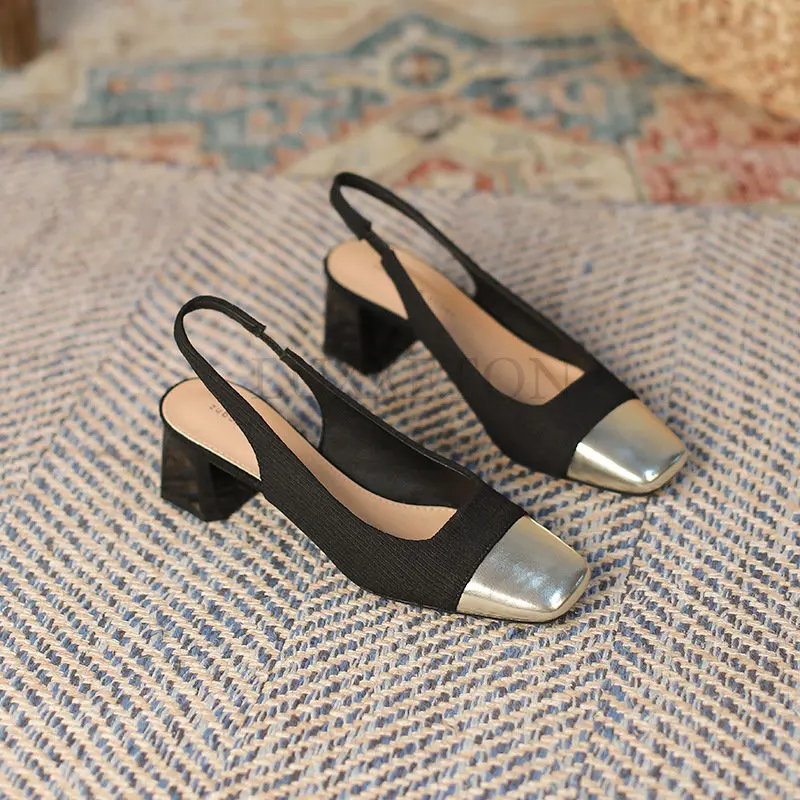 Metal toe Sandal Women Shallow High Heels Summer Shoes Slingback Woman Square Head Slip on Patchwork Black Beige Sandalias