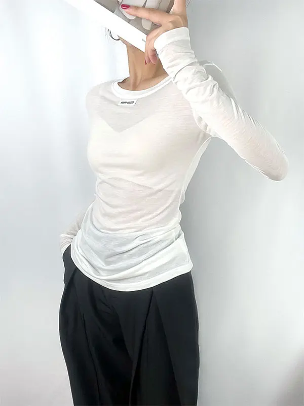 Spring Autumn Thin Transparent White Long Sleeve T-Shirt Women's Lazy Fashion Slim Fit round Neck Top UV Protection Casual Style