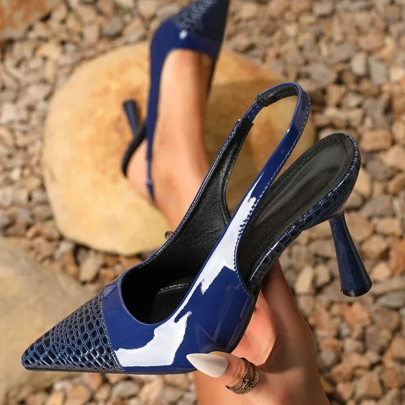 

Summer Pointed Toe Shallow Back Strap Slide Women Sandals High Quality Patchwork High Heels Banquet Party Dance Shoes for Women