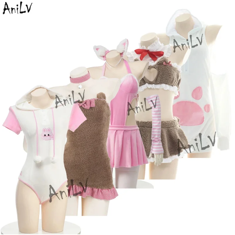 AniLV Warm Plush Aanimal Series Uniform Anime Kawaii Girl Cute Bear Cat Rabbit Pajamas Dress Bodysuit Outfits Costume Cosplay