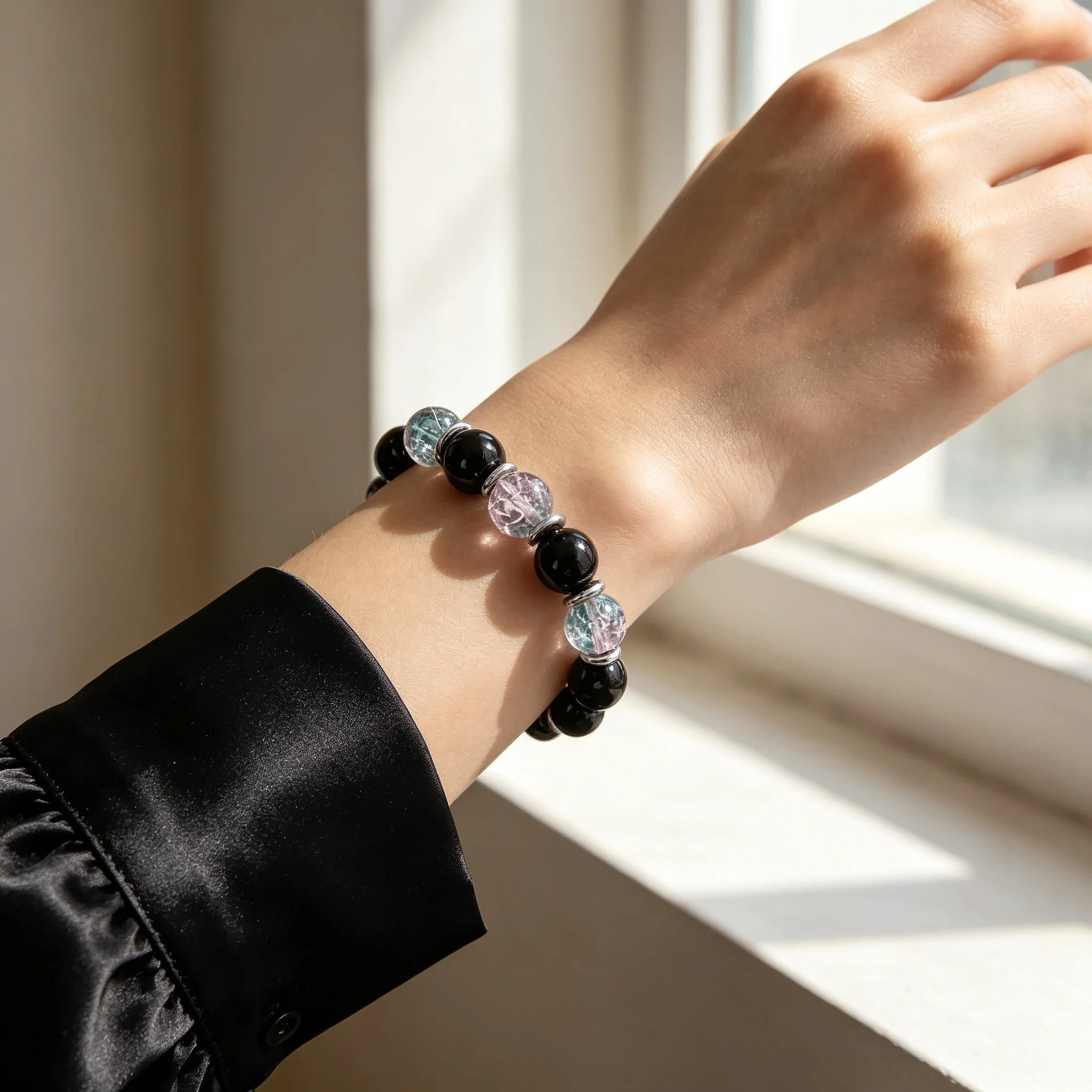 Natural Black Obsidian & Multicolor Cracked Crystal Beaded Bracelet, Round Stone Stretch Bracelet for Men Women, Handmade Energy