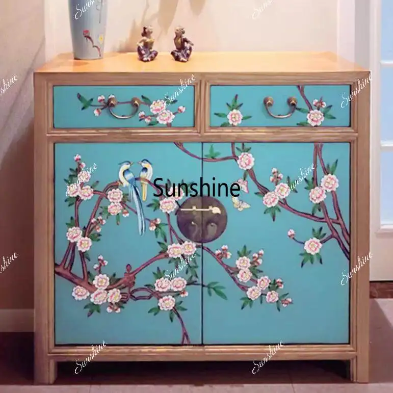 Hand painted flowers and birds pastoral small fresh entrance foyer cabinet